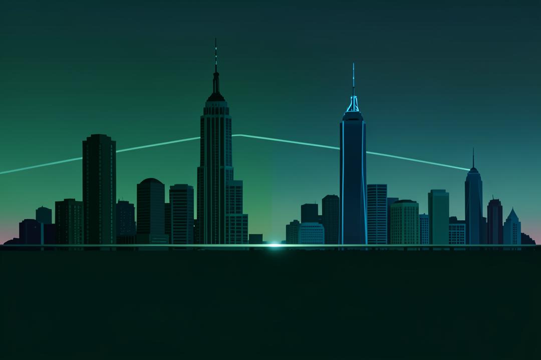Houston and Toronto skylines connected by a single line